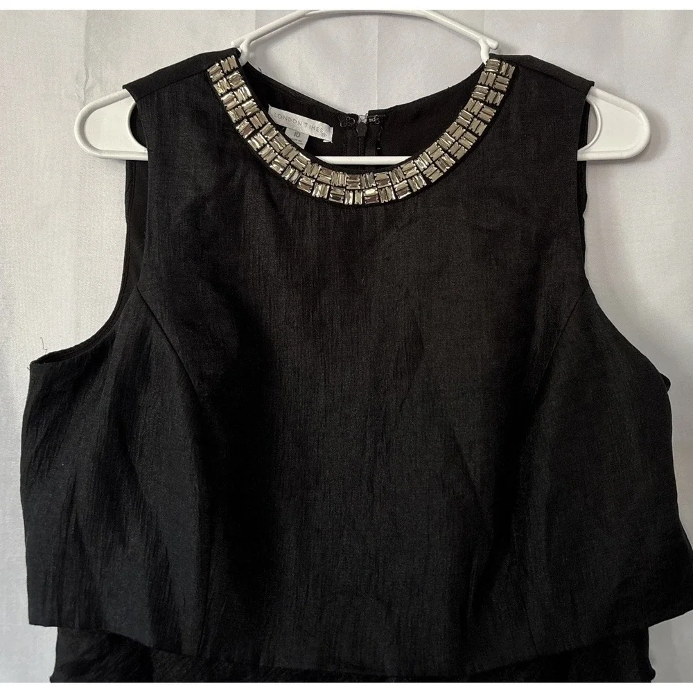London‎ Times Sz 10 Jeweled Collar Shimmering Black Tiered Ruffle Cocktail Dress